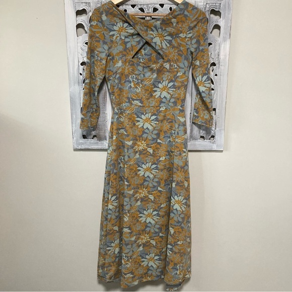 NWOT PACT Organic Cotton Blue Floral Open Back Fit & Flare Midi Party Dress - Picture 2 of 7